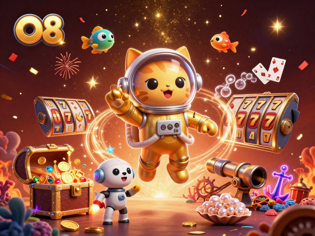 O8 slot gaming illustration featuring a floating astronaut cat, robot dog, and golden treasures.