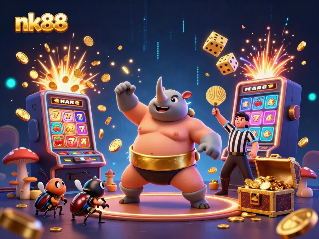 Experience excitement with nk88 as a rhinoceros beetle champion stomps, showering coins in a vibrant casino scene.