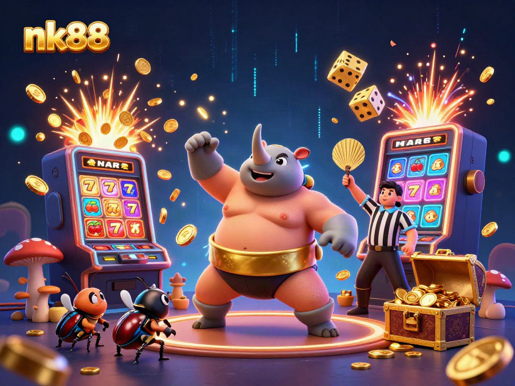 Experience excitement with nk88 as a rhinoceros beetle champion stomps, showering coins in a vibrant casino scene.