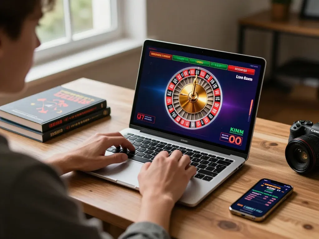 Engaging in debet online gaming with live roulette interface on laptop, showcasing strategic gameplay.