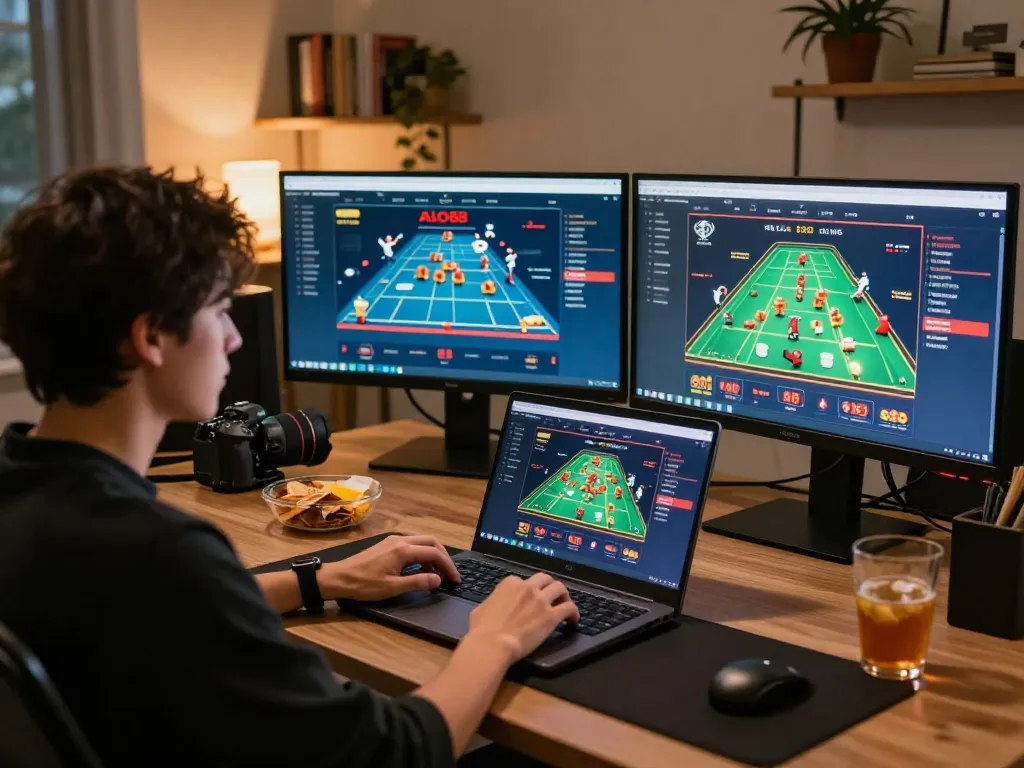 A player engaging in online gambling on alo88 with a laptop setup in a cozy home office.