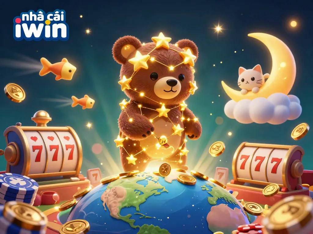 Engage with the vibrant scene of nhà cái iwin featuring golden cartoon characters and casino themes.