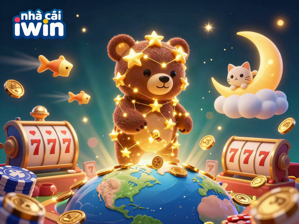 Engage with the vibrant scene of nhà cái iwin featuring golden cartoon characters and casino themes.