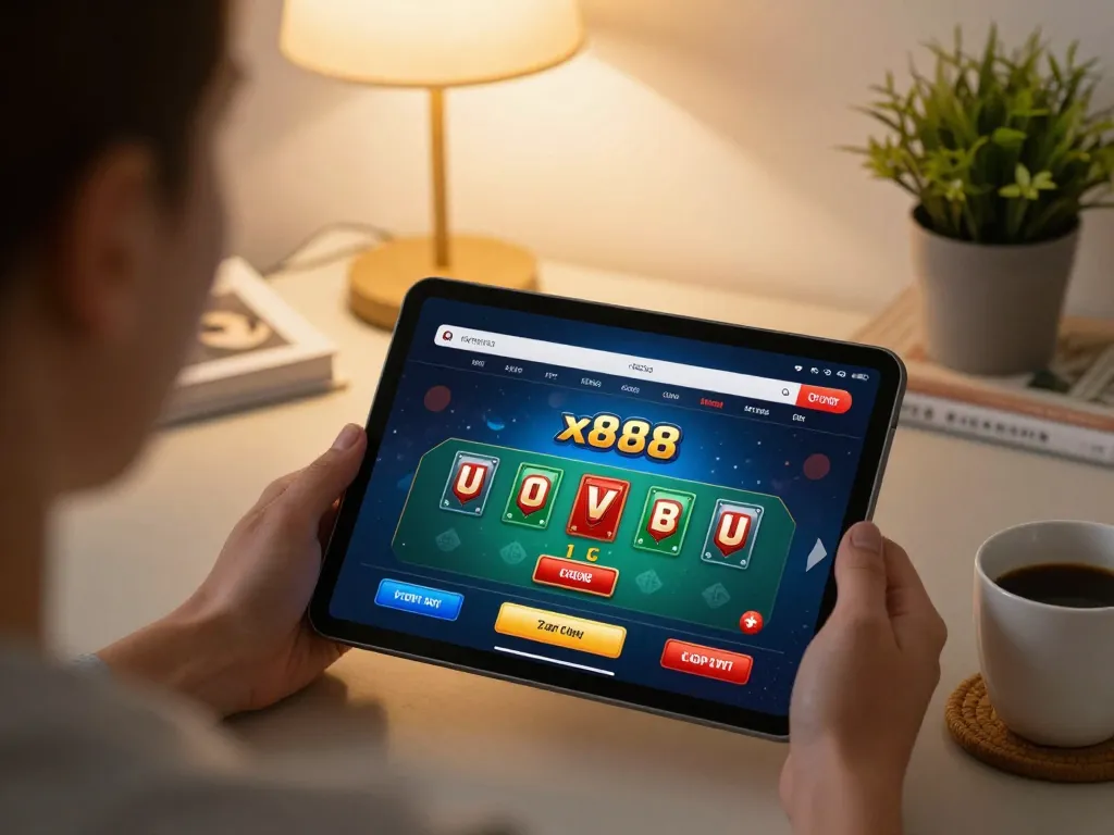 x888 player enjoying poker game at home with tablet and warm lighting
