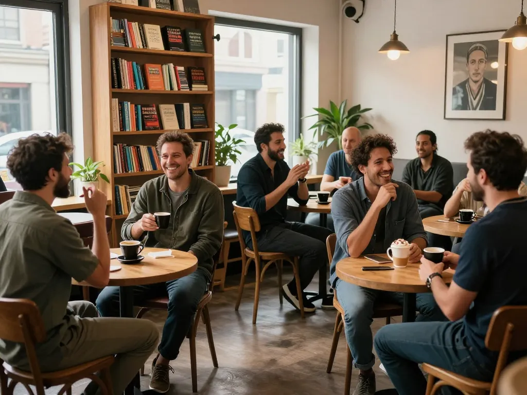 Men enjoying a supportive conversation at a man club in a cozy café setting.
