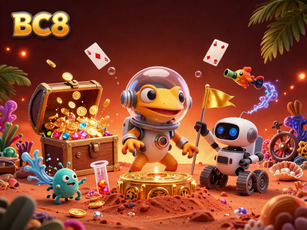 Engage with the exciting BC8 gambling universe, where a Martian gecko explores a golden casino filled with treasures and fun.