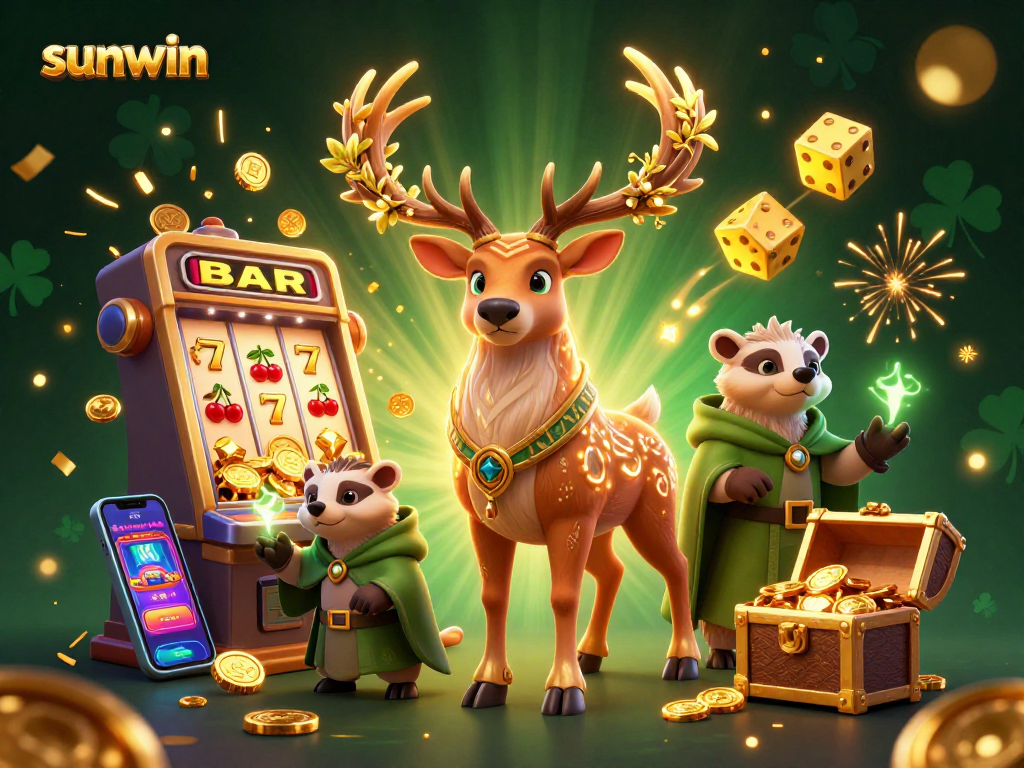 Play and win big with sunwin, featuring a whimsical stag, badger, and casino elements in vibrant scene.