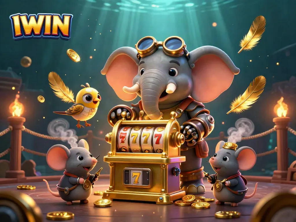 IWIN casino slots scene with a steampunk elephant engineer and rich gaming details.