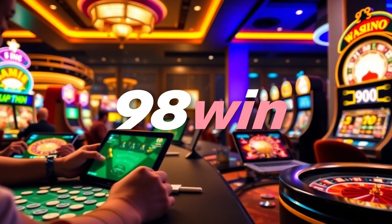 Engaging scene of players enjoying various casino games at 98win, showcasing excitement and digital entertainment.
