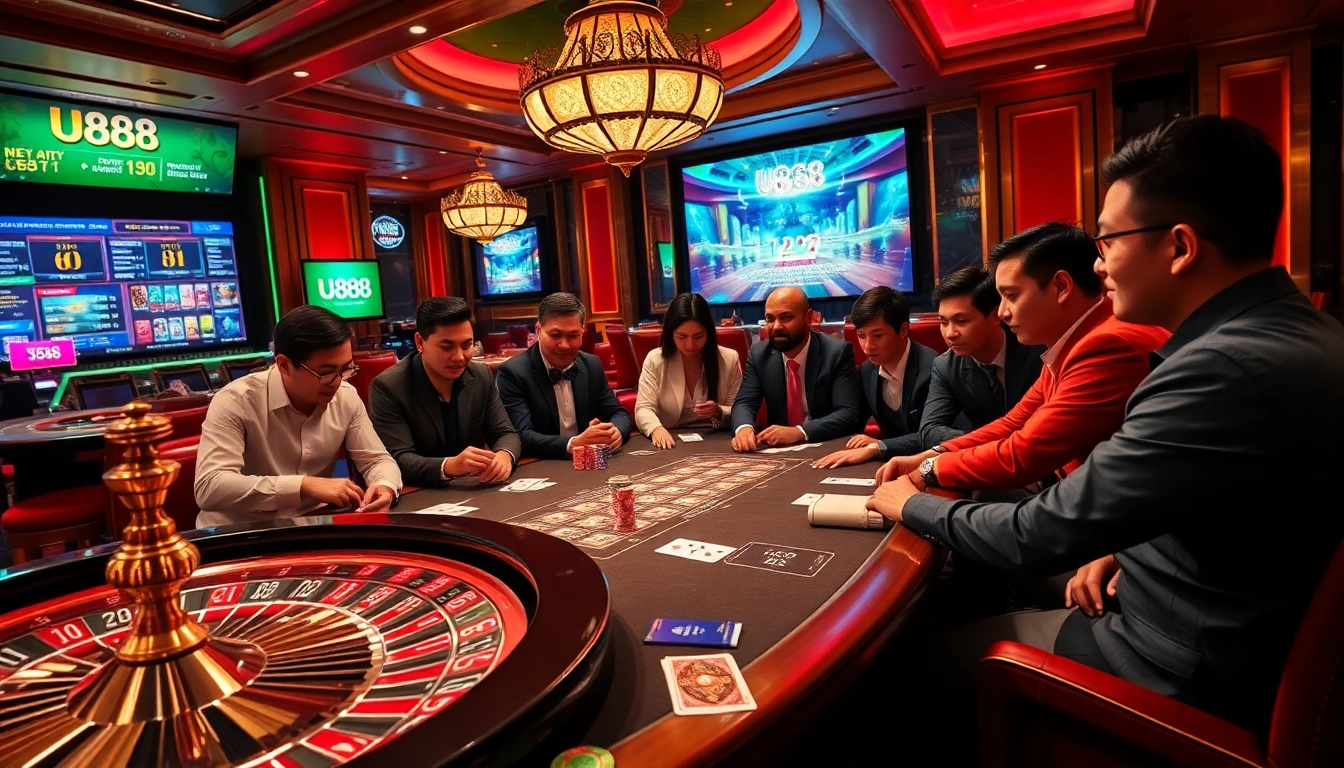 U888 poker players strategizing with colorful chips and dynamic betting options.