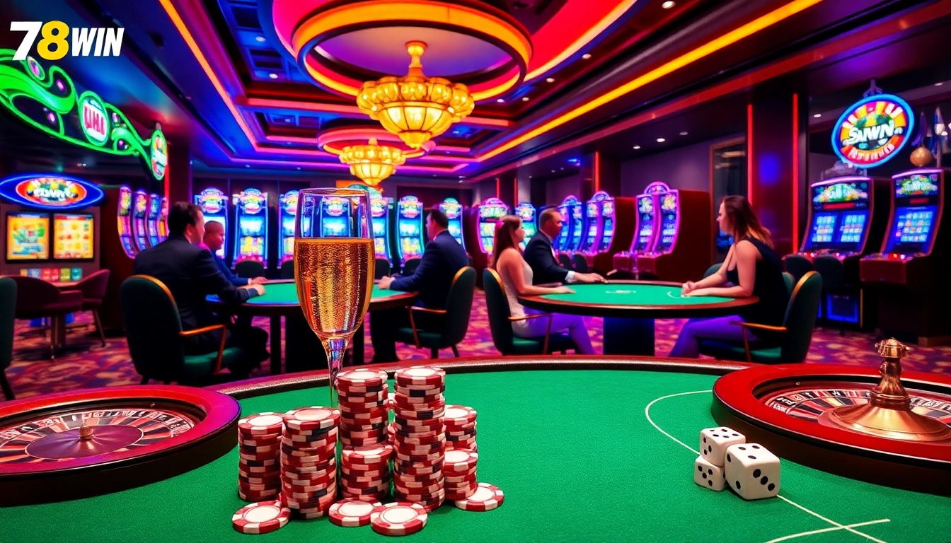 Glamorous casino scene at 78Win with poker tables, slot machines, and vibrant players.