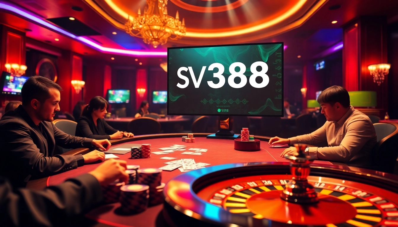 Engaging gamblers at a stylish poker table featuring the sv388 link on a digital display.