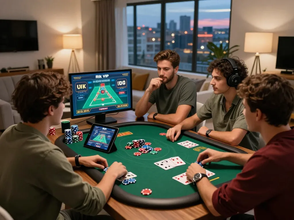 Exciting group enjoying the Rik VIP online gaming experience with poker chips and strategy tablet.