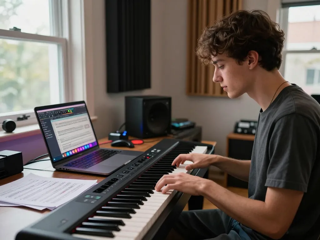 Musician playing the go 88 keyboard in a modern studio, vibrant atmosphere.