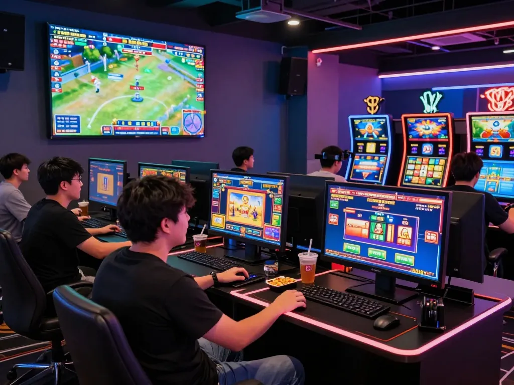 Exciting gaming atmosphere at f168.com with players enjoying diverse online casino games, showcasing vibrant interfaces and wins.