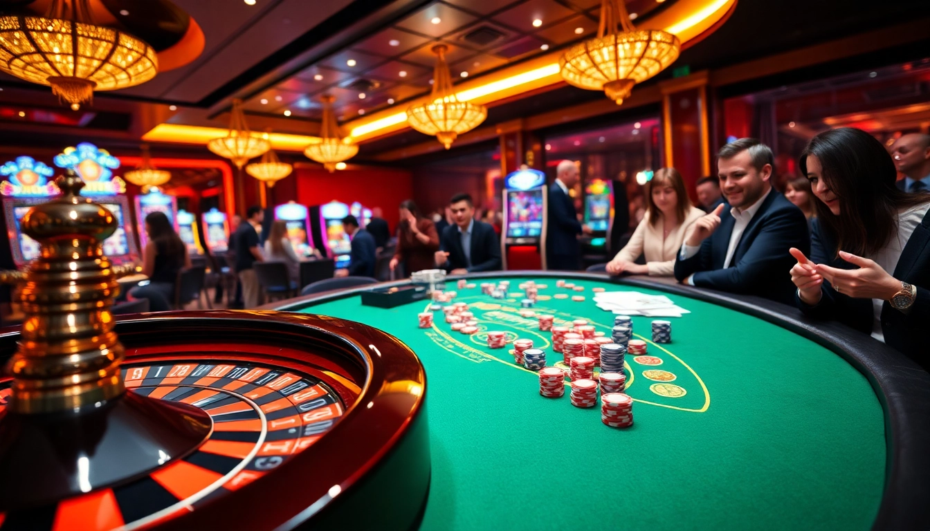 Engaging gaming scene at Nhà Cái GA88 featuring roulette and poker players enjoying their game.