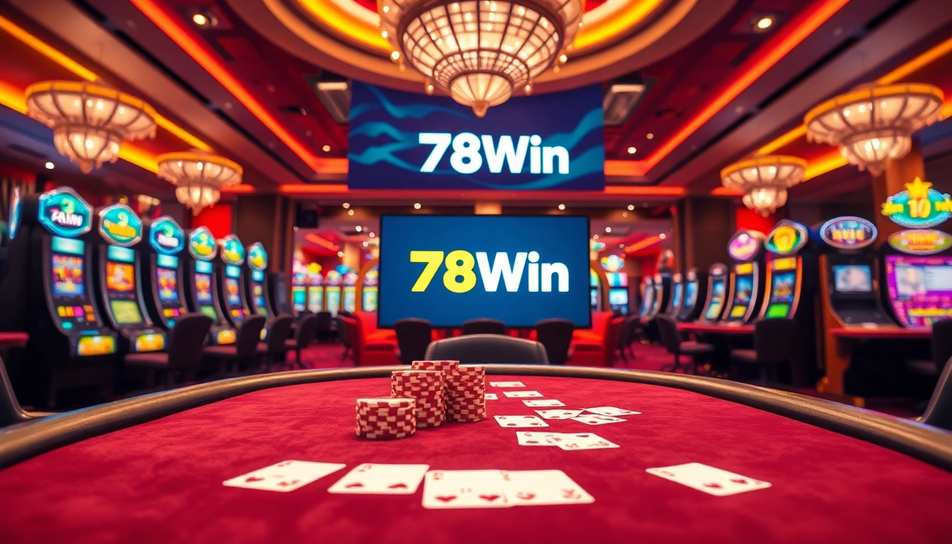 Exciting poker game scene showcasing 78Win logo alongside vibrant casino elements.