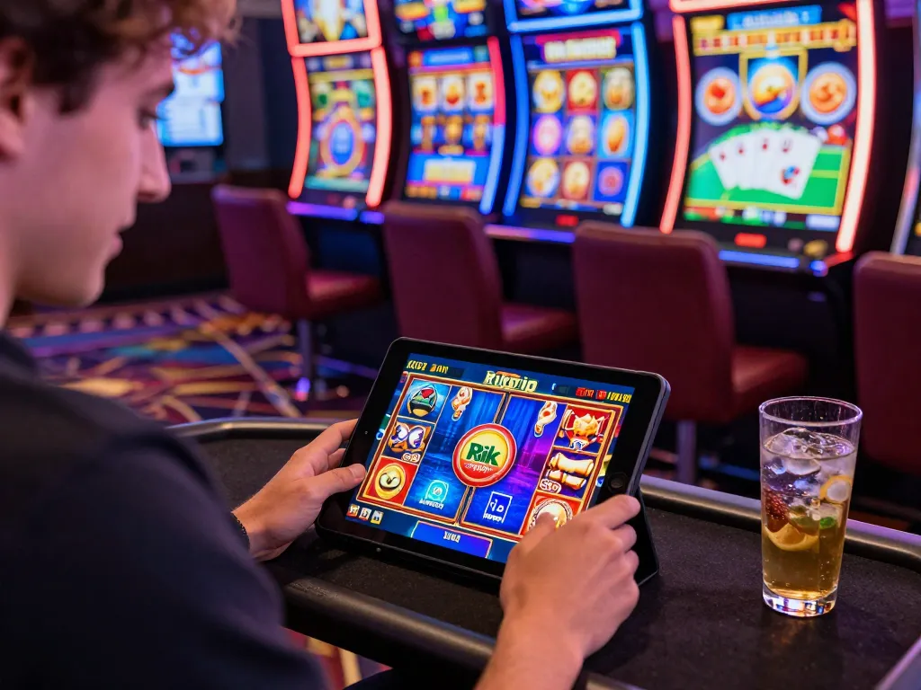 Engaging scene of a player downloading tải game rikvip mới nhất on a tablet in vibrant online casino setting.