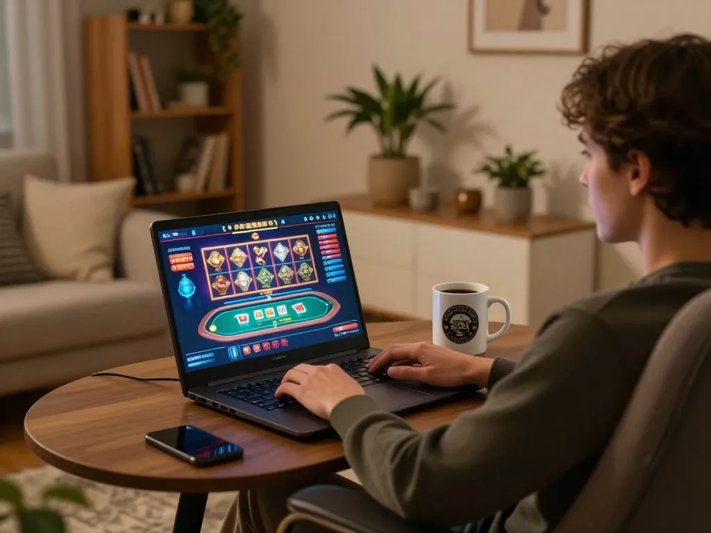Engaging online gambling experience on https://lc88.it.com/ with person enjoying casino games on a laptop