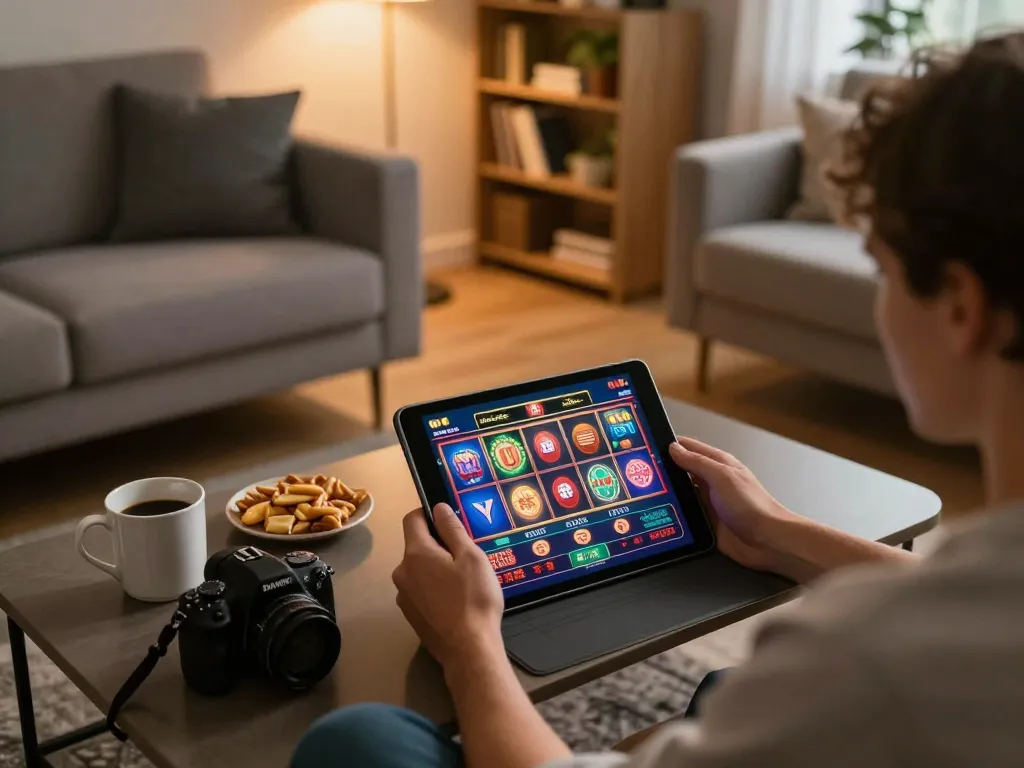 Engaging with link lucky88 while playing online slots on a tablet in a cozy home setting.