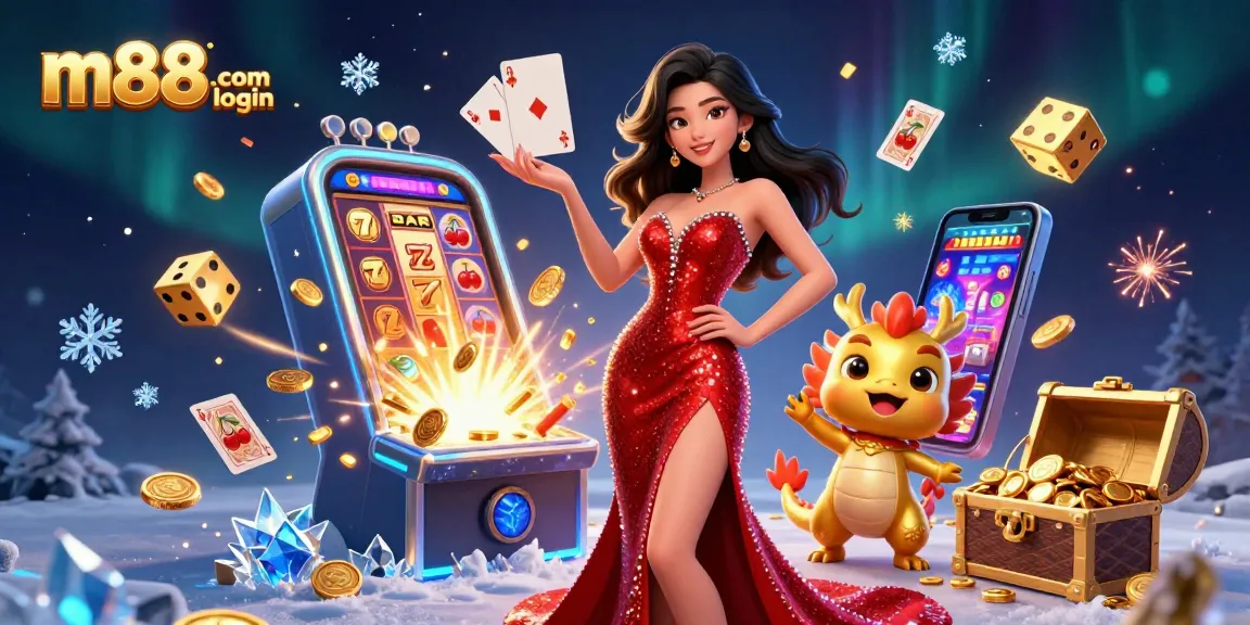Engage in thrilling gaming with m88.com login featuring a captivating Asian woman and a golden dragon, surrounded by casino excitement.