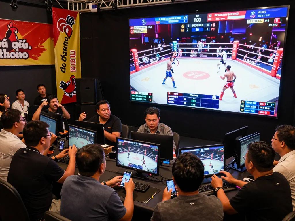 Watch trực tiếp đá gà thomo in a vibrant live-streaming arena with enthusiastic spectators and modern setting.