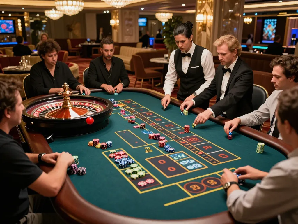 Engaged players at five88 enjoy an exciting roulette game with vibrant chips and a spinning wheel.
