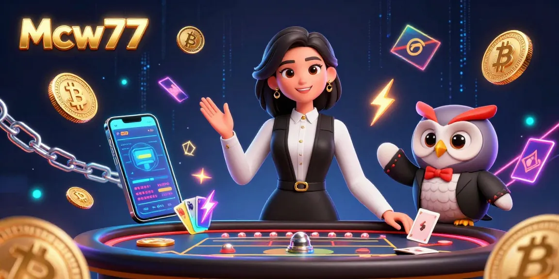 Experience the excitement of Mcw77 casino with dynamic dealers amidst glowing cryptocurrency elements.