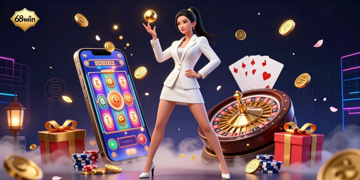 Engage with 68win's thrilling games featuring a confident host with golden roulette ball, immersive casino elements.