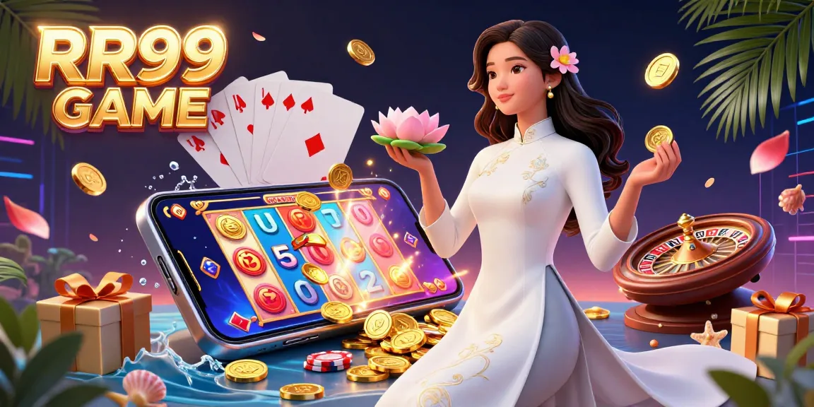 Engage with RR99 GAME's immersive online casino experience featuring a graceful Asian player amidst vibrant gaming elements.