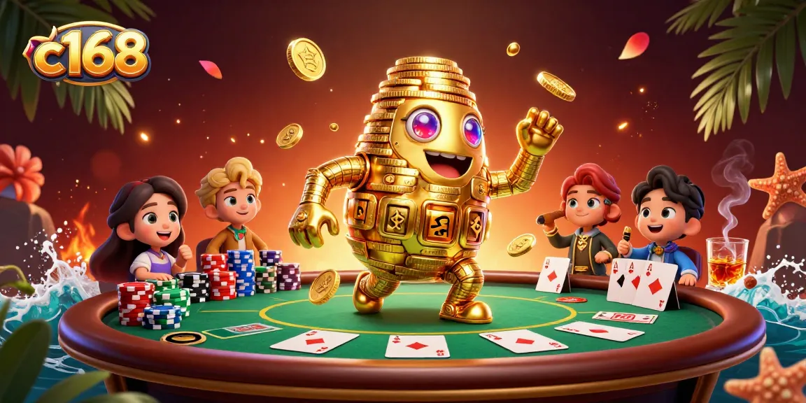 C168 goes all-in with poker action as a golden golem dazzles players at the casino table.