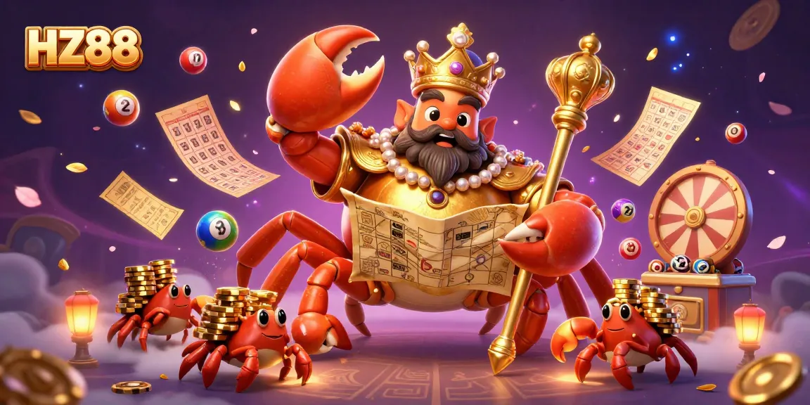 Engage with HZ88's vibrant gameplay featuring a golden crab emperor amidst colorful casino elements.