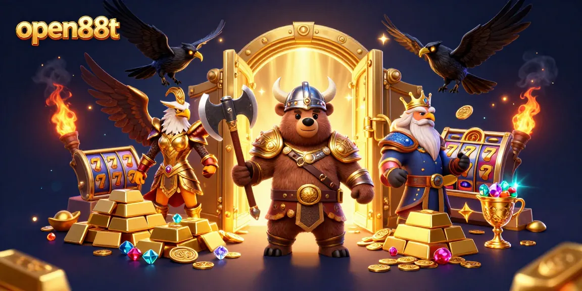 Experience open88t's thrilling slots and jackpots with an epic Viking adventure scene.