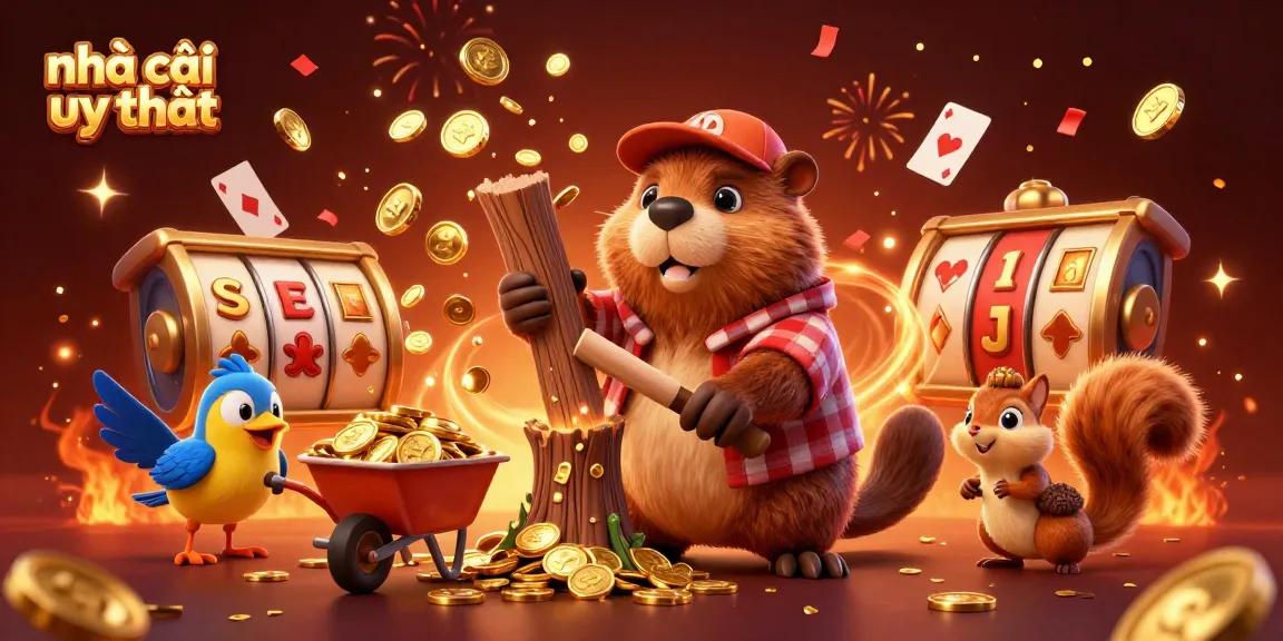 Experience thrilling action with the 3D illustration showcasing nhà cái uy tín, featuring a beaver with golden coins raining down amidst exciting casino icons.