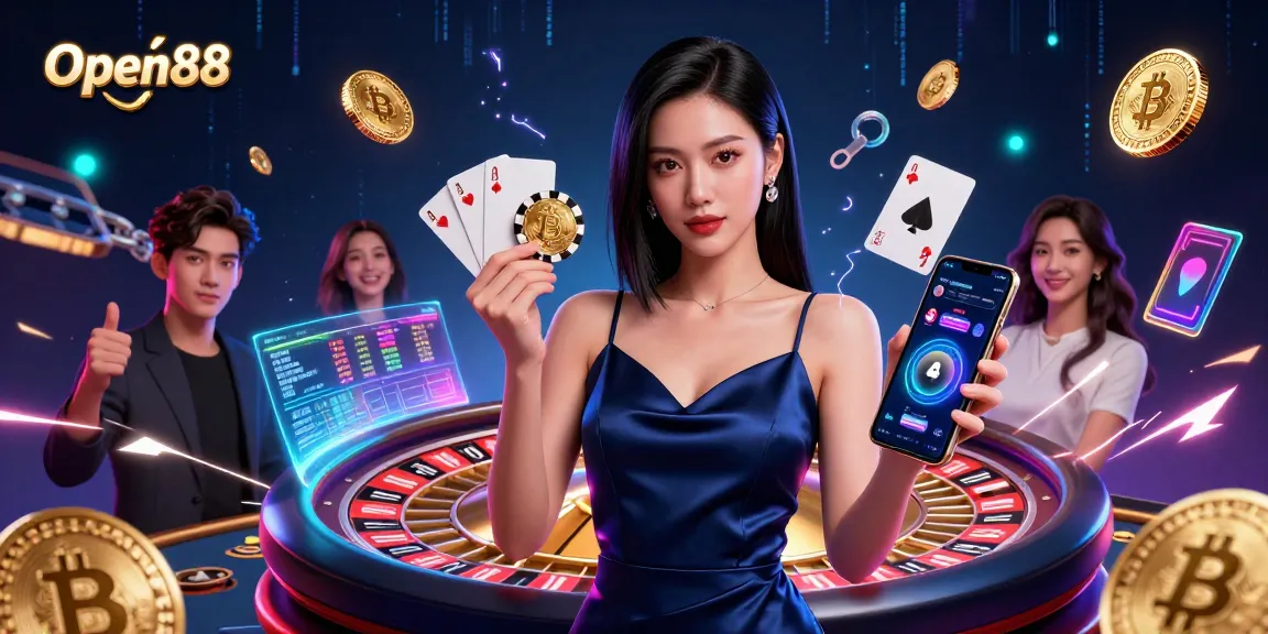 Engage in thrilling gameplay at Open88 with a stunning Asian woman showcasing a golden chip and smartphone amidst dynamic casino elements.