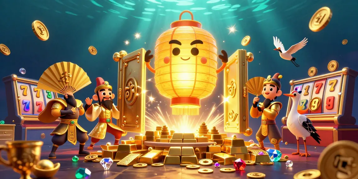 Xocdia88 offers an exciting casino scene with a glowing lantern spirit amid treasures and dynamic gaming elements