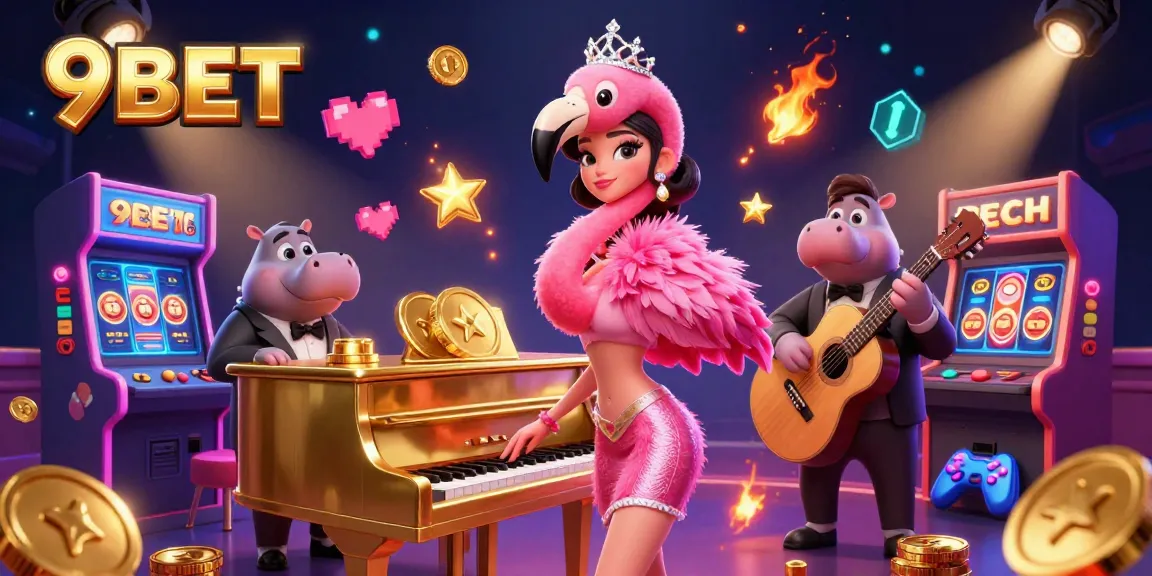 Engage with 9BET’s vibrant casino scene featuring a flamingo singer and hippo bassist amidst dynamic gaming elements.