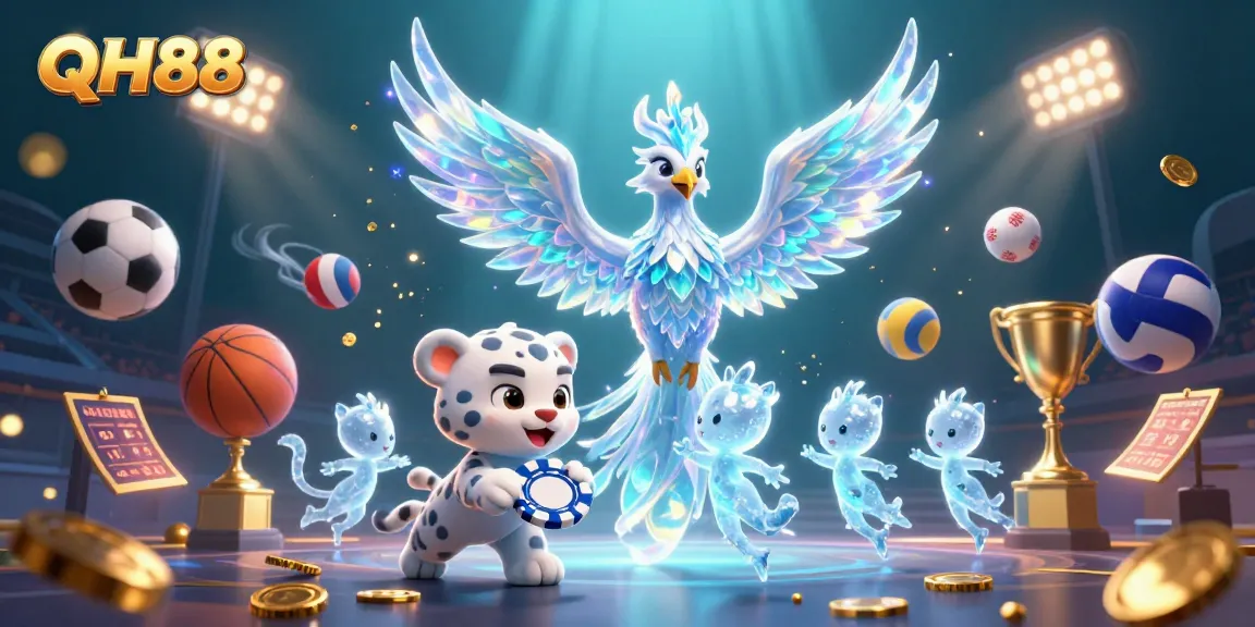 Bet on QH88 with vibrant 3D illustration showcasing an ice phoenix, playing cards, and dynamic sports elements.