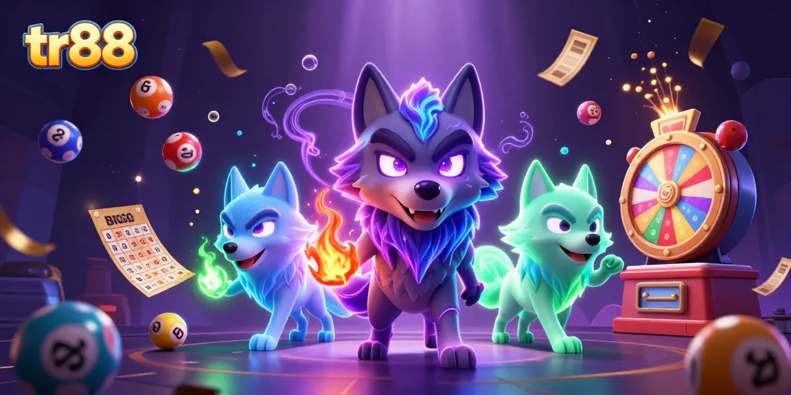 Experience the thrill of tr88 with dynamic lottery balls and ghostly wolves in a vibrant casino scene.