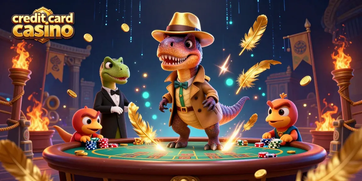Engage in a thrilling credit card casino experience with a velociraptor card counter at the blackjack table.