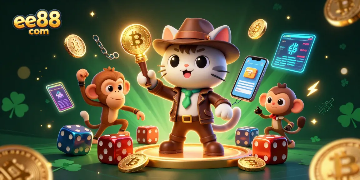 Engage with ee88 com in a lively casino scene featuring an explorer cat and rich gaming elements.