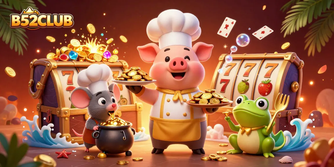 B52CLUB presents an enticing scene of a chef pig serving gold coins with lively characters in a vibrant casino-themed background.