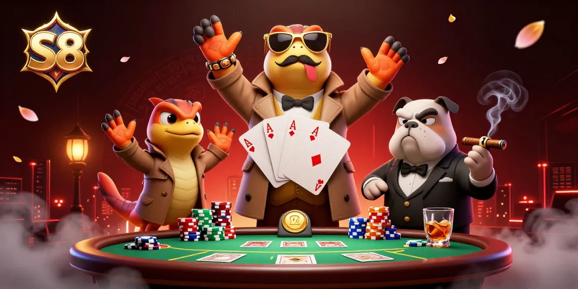 S8 players strategize with poker chips and cards in a vibrant casino scene