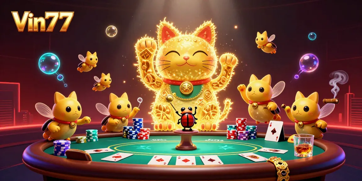 Vin777 offers an engaging scene with a lucky cat formed by fireflies, showcasing poker elements and vibrant casino atmosphere.
