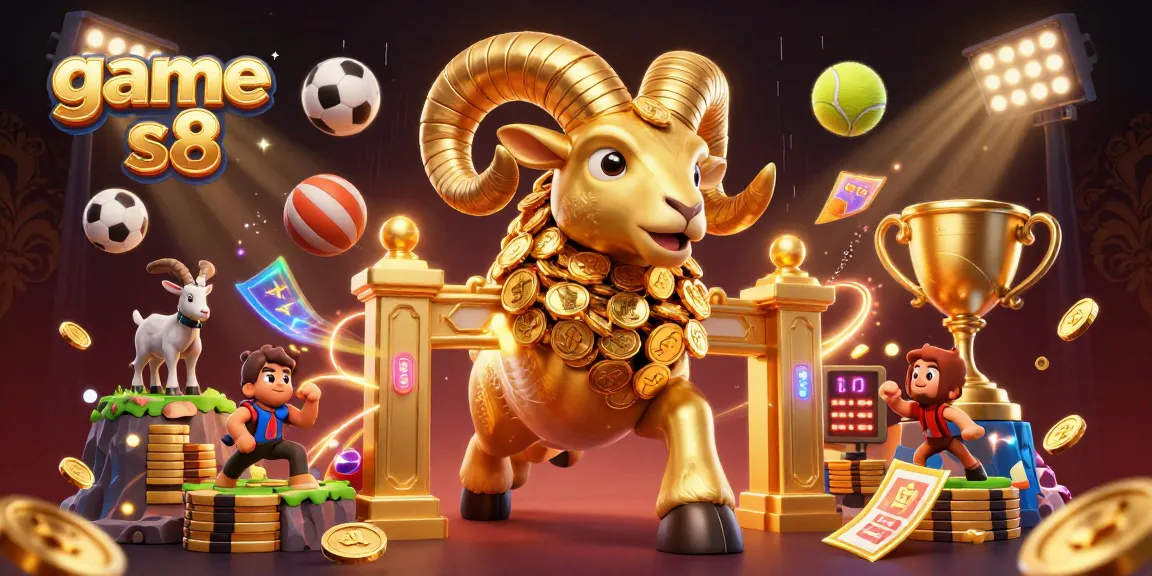 Engage with game s8 in this vibrant 3D illustration depicting a golden ram charging, surrounded by dynamic sports elements.