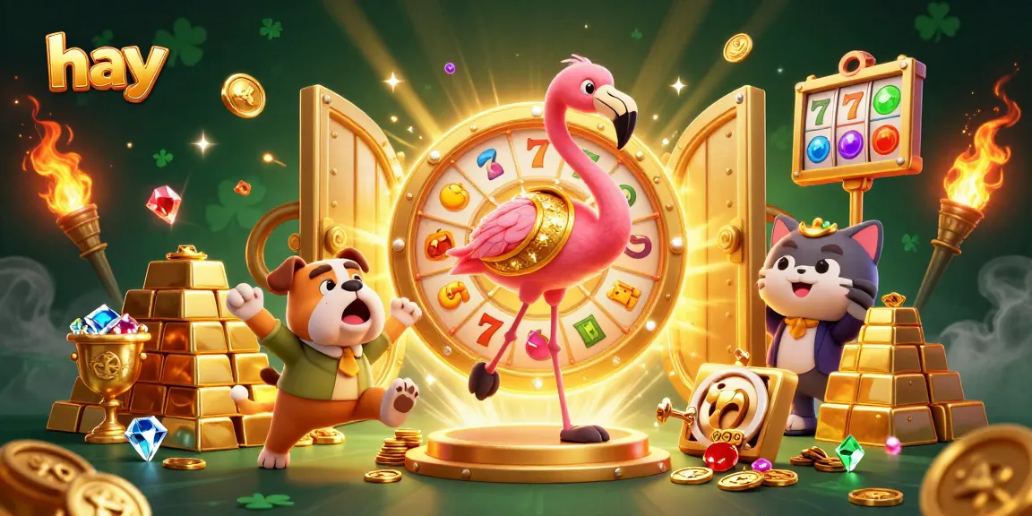 Engage with hay in an exciting casino scene featuring a flamingo host and a playful bulldog contestant spinning the prize wheel.